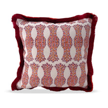 Load image into Gallery viewer, Batik inspired throw pillow with red and orange silk fringe
