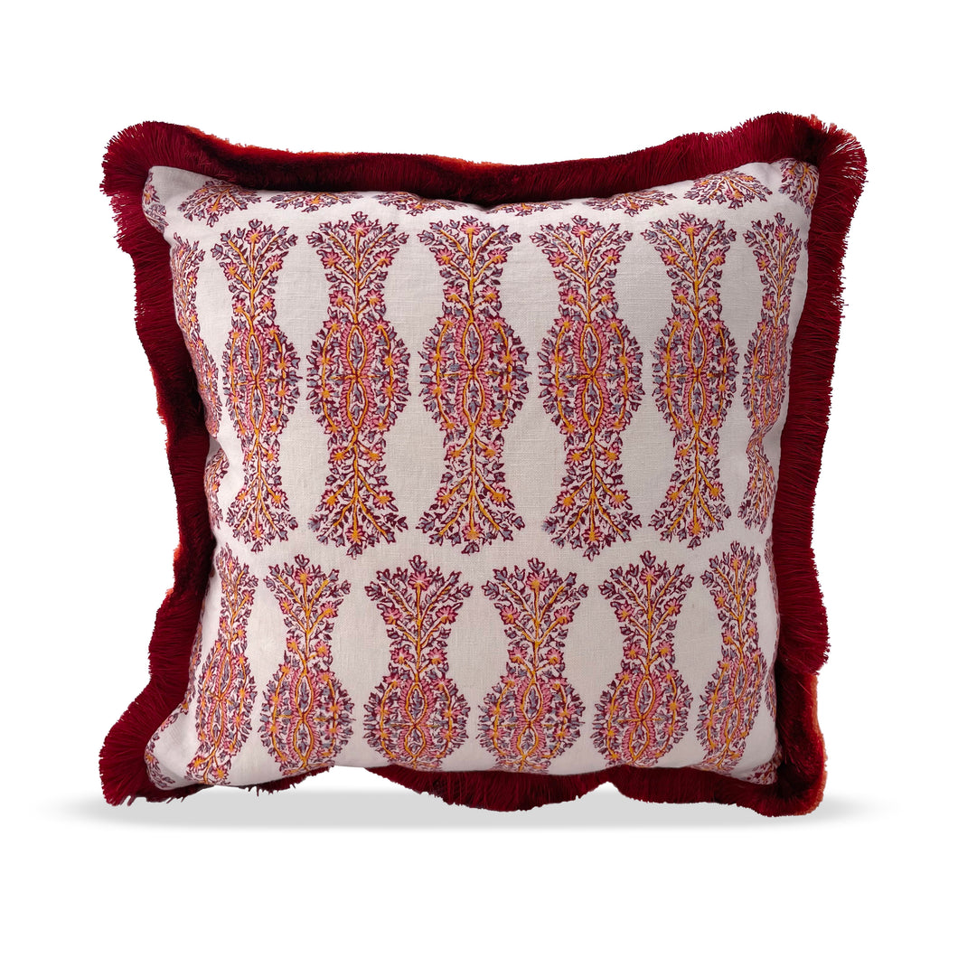 Batik inspired throw pillow with red and orange silk fringe