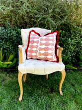 Load image into Gallery viewer, Batik inspired throw pillow with red and orange silk fringe
