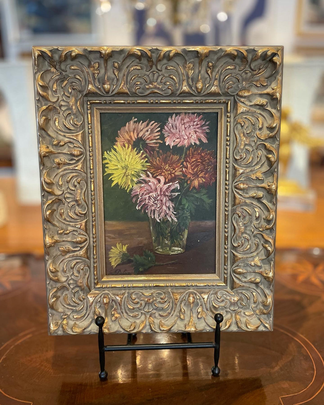 French Still Life Oil Painting of Mums