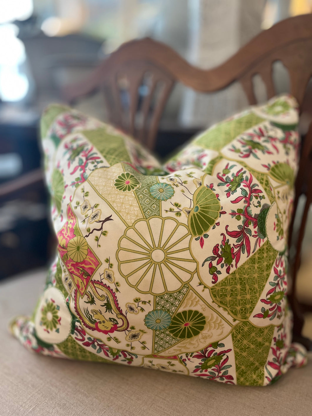 Lime and pomegranate chinoiserie throw pillow