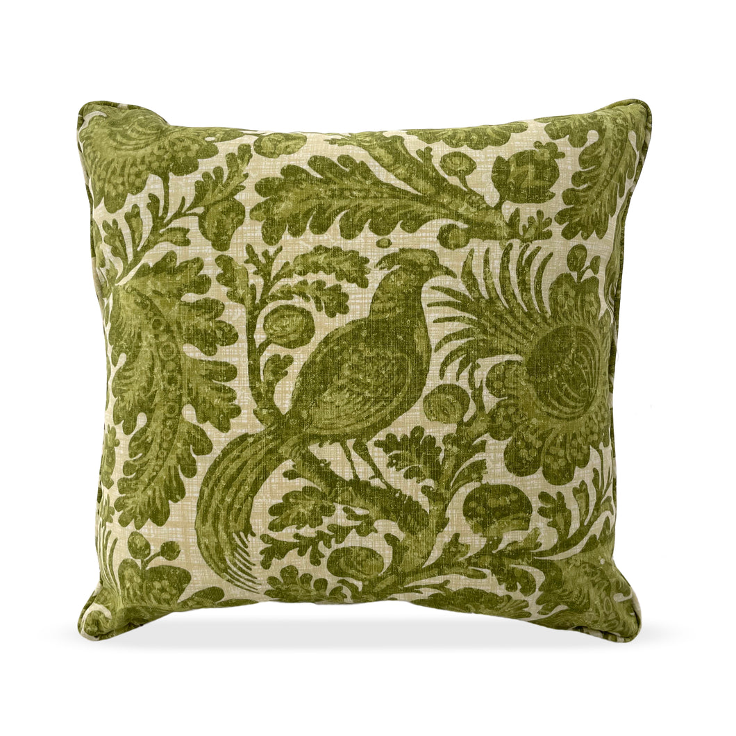 Green and ivory bird motif throw pillow