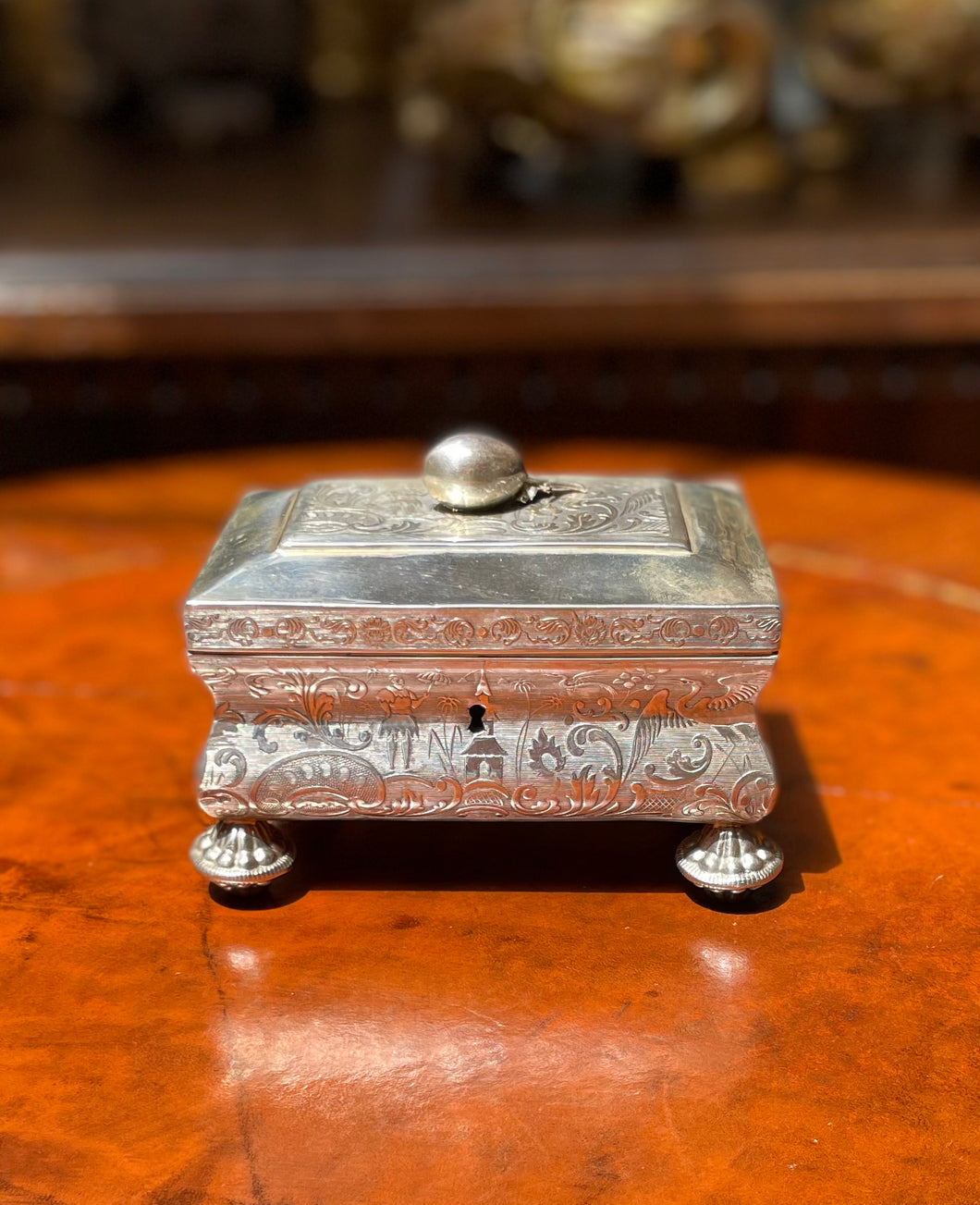 Austrian Sterling Silver Sugar Box with Chinoiserie and Acorn atop