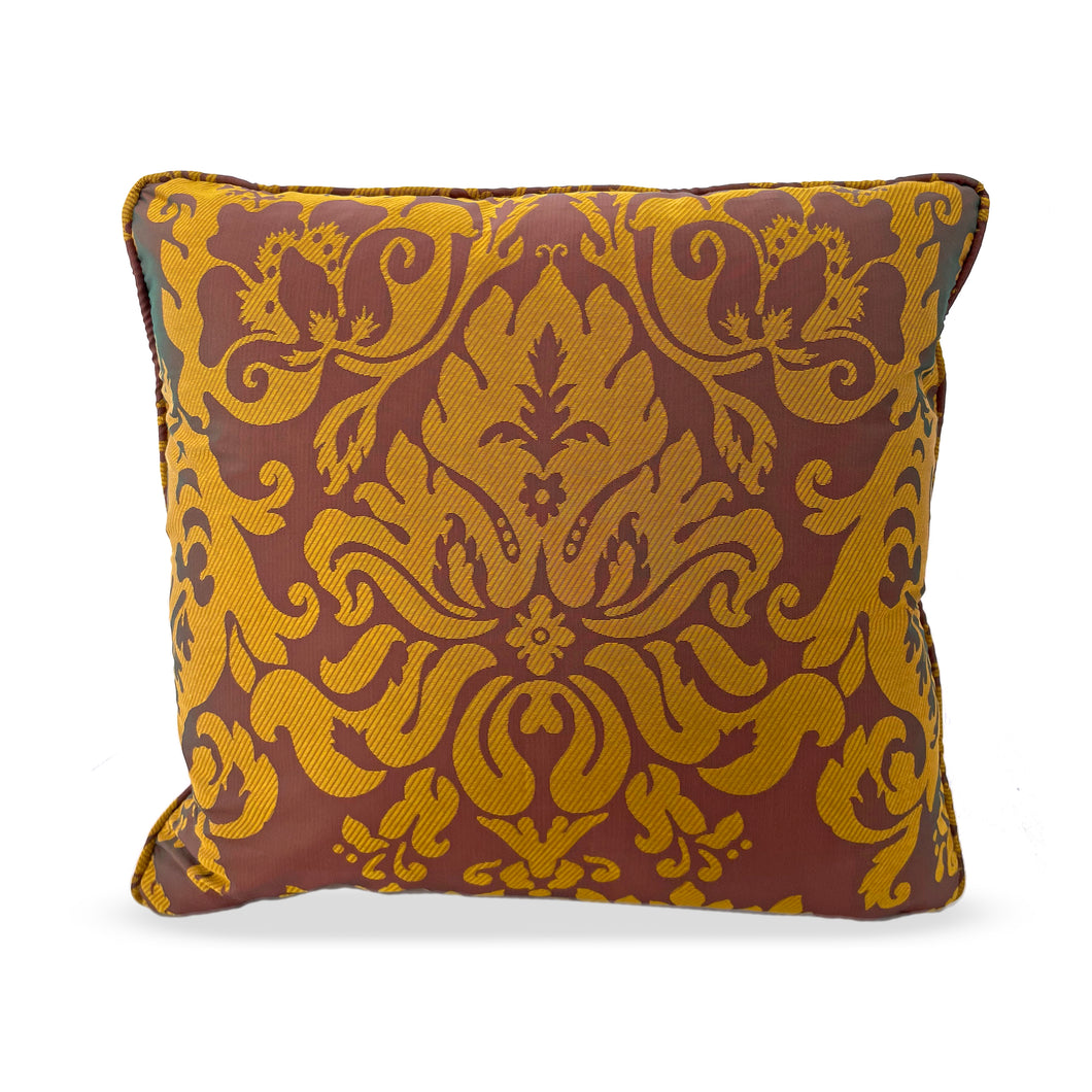 Red and gold damask silk throw pillow